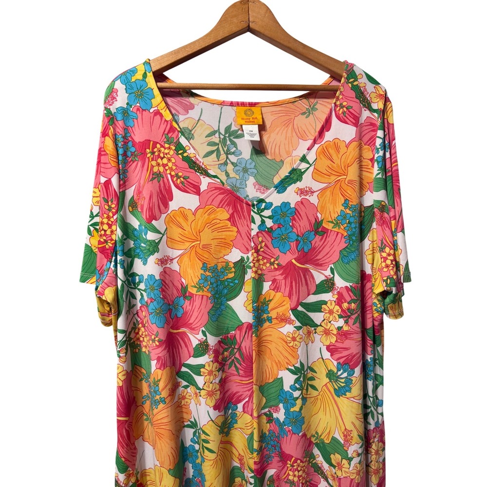Ruby Rd Woman Dress Womens 2X Multicolor Excellent Floral Sharkbite V-Neck 92681